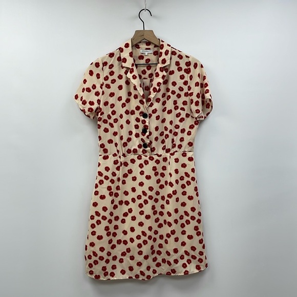 Crescent Floral Short Sleeve Shirt Cocktail Party Mini Dress Boho Cream Medium - Picture 1 of 9